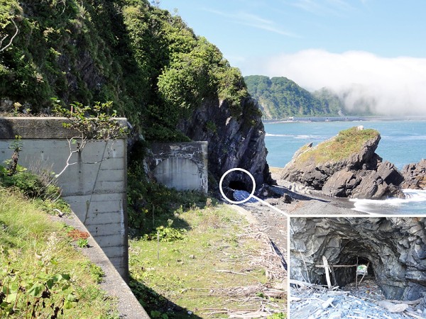 左から旧道・旧々道・旧々々道のトンネルが並ぶ